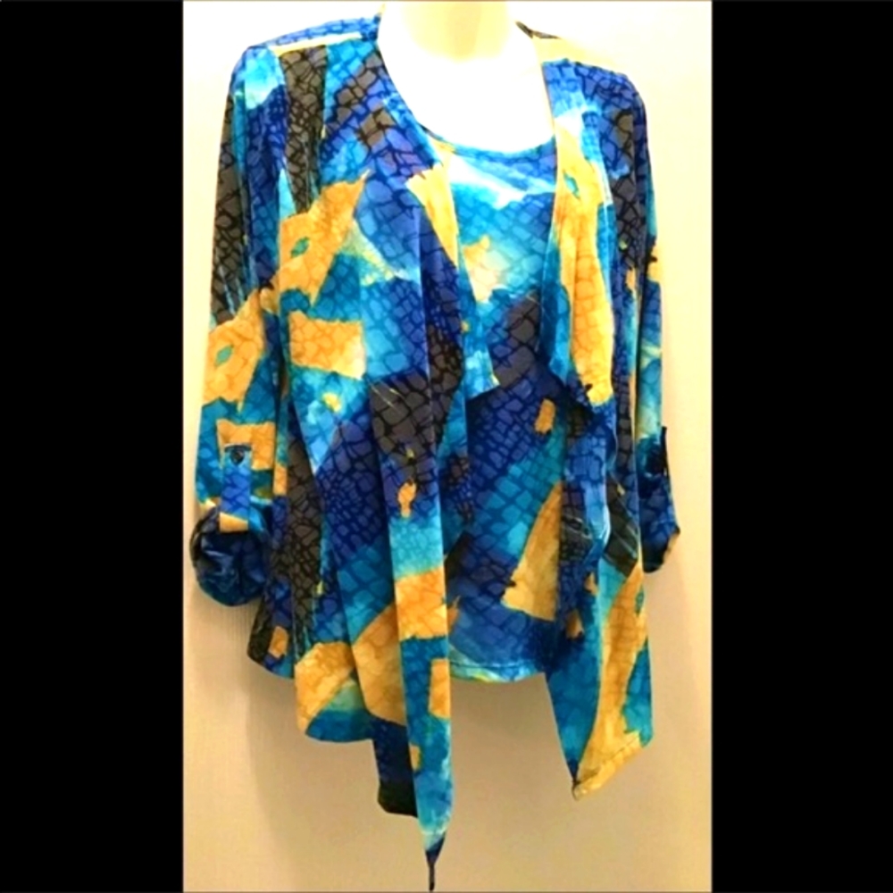 Top Josephine two piece top & jacket  blue yellow round neck size S…